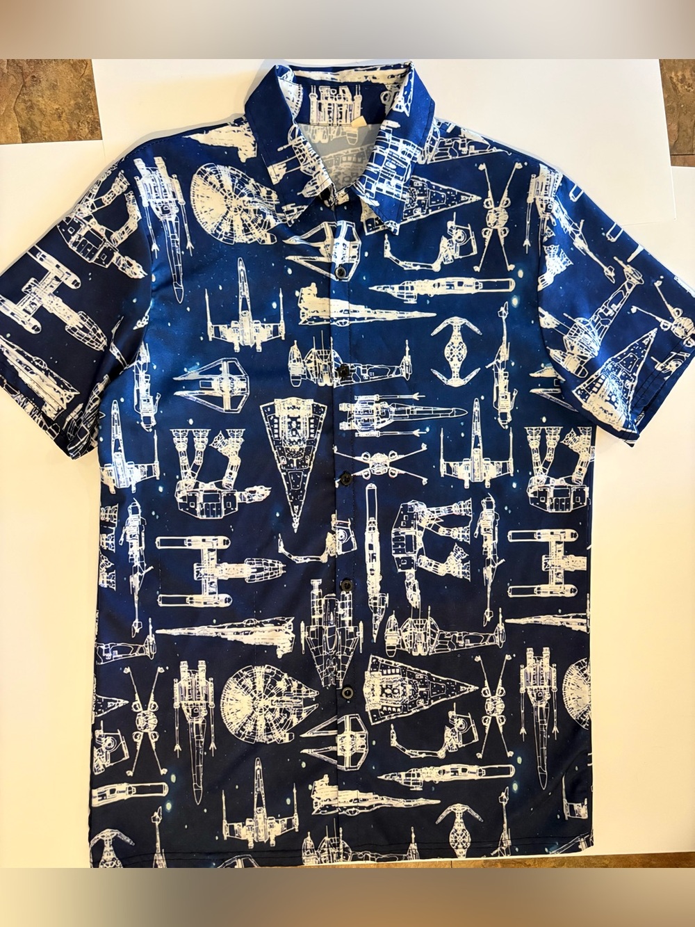 Onos Fashion Star Wars Aloha shirt features a white blueprint  of iconic ships